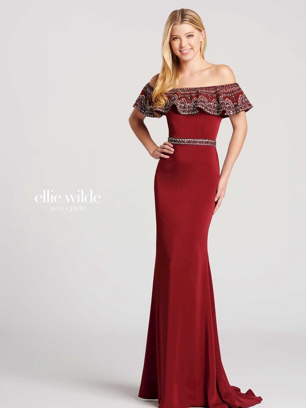 ellie wilde Off-The-Shoulder Burgundy Ruffle Evening Gown with Embellishment